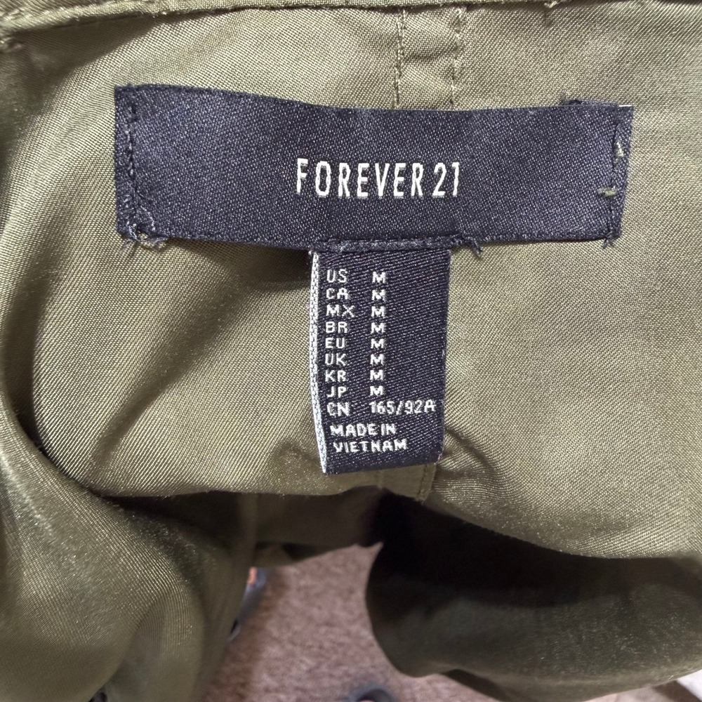 Forever 21 Utility Jacket Womens XS Olive Green Hooded Roll Tab Military Coat - Picture 8 of 13